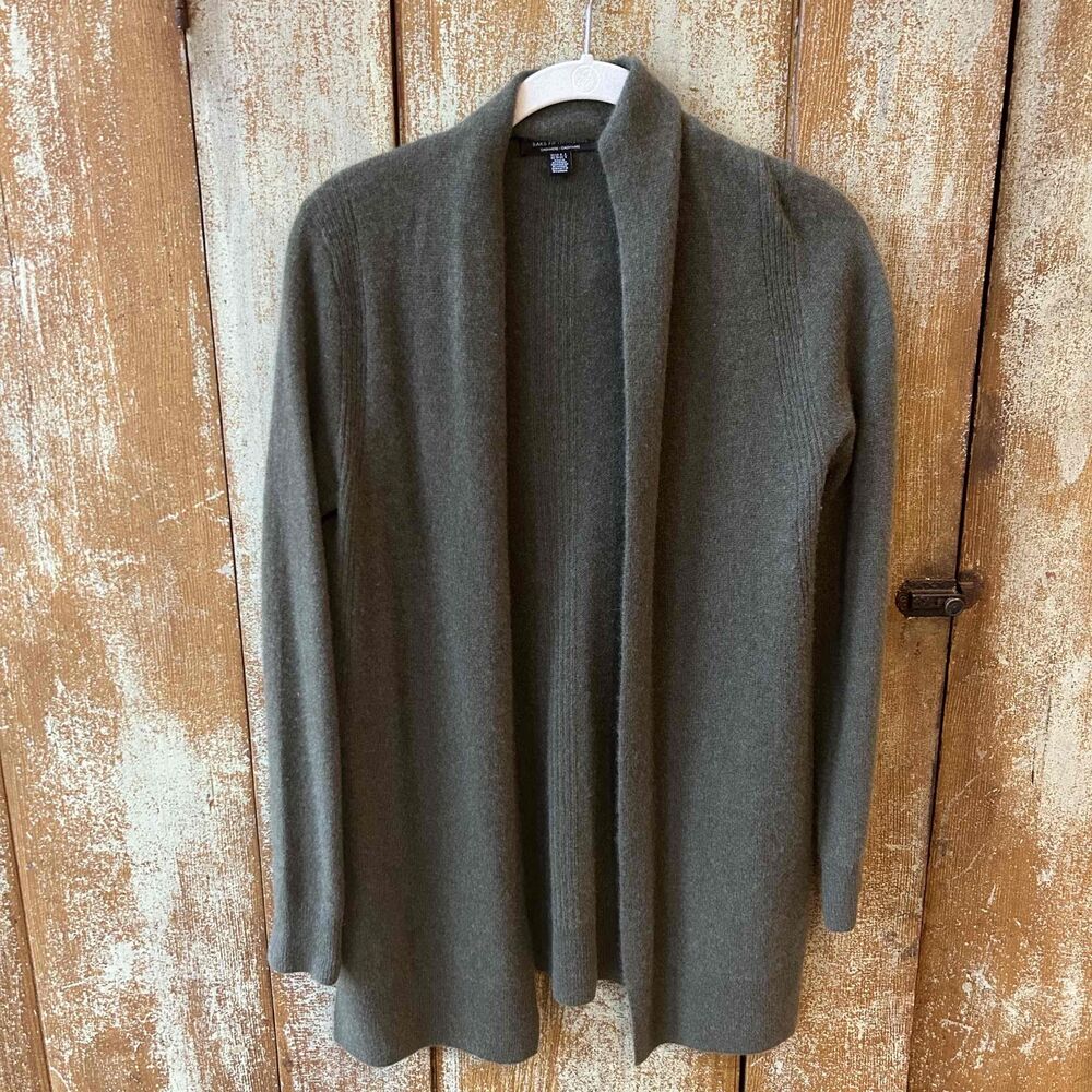 Saks Fifth Avenue Woman Olive Cashmere Cardigan Sweater Size Small